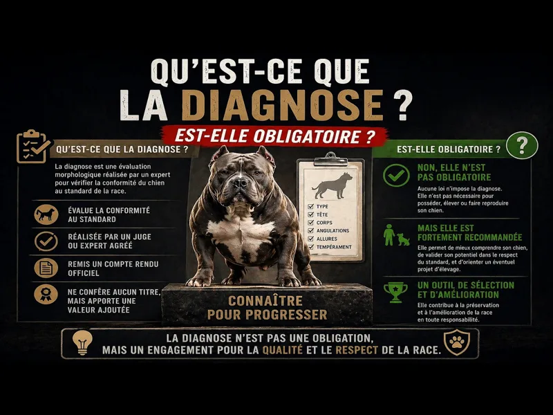 Infographie sur la diagnose canine expliquant son rôle, son utilité et son caractère non obligatoire pour l'American Bully  