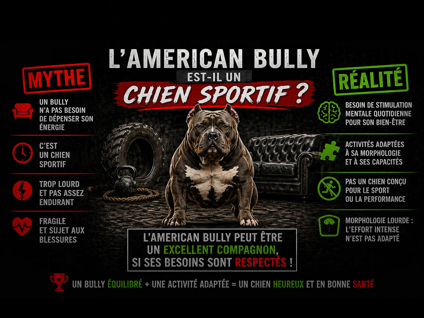 Image d'illustration Infographie American Bully chien sportif, comparaison mythe et réalité sur ses capacités physique, besoin d'activité et potentiel sportif