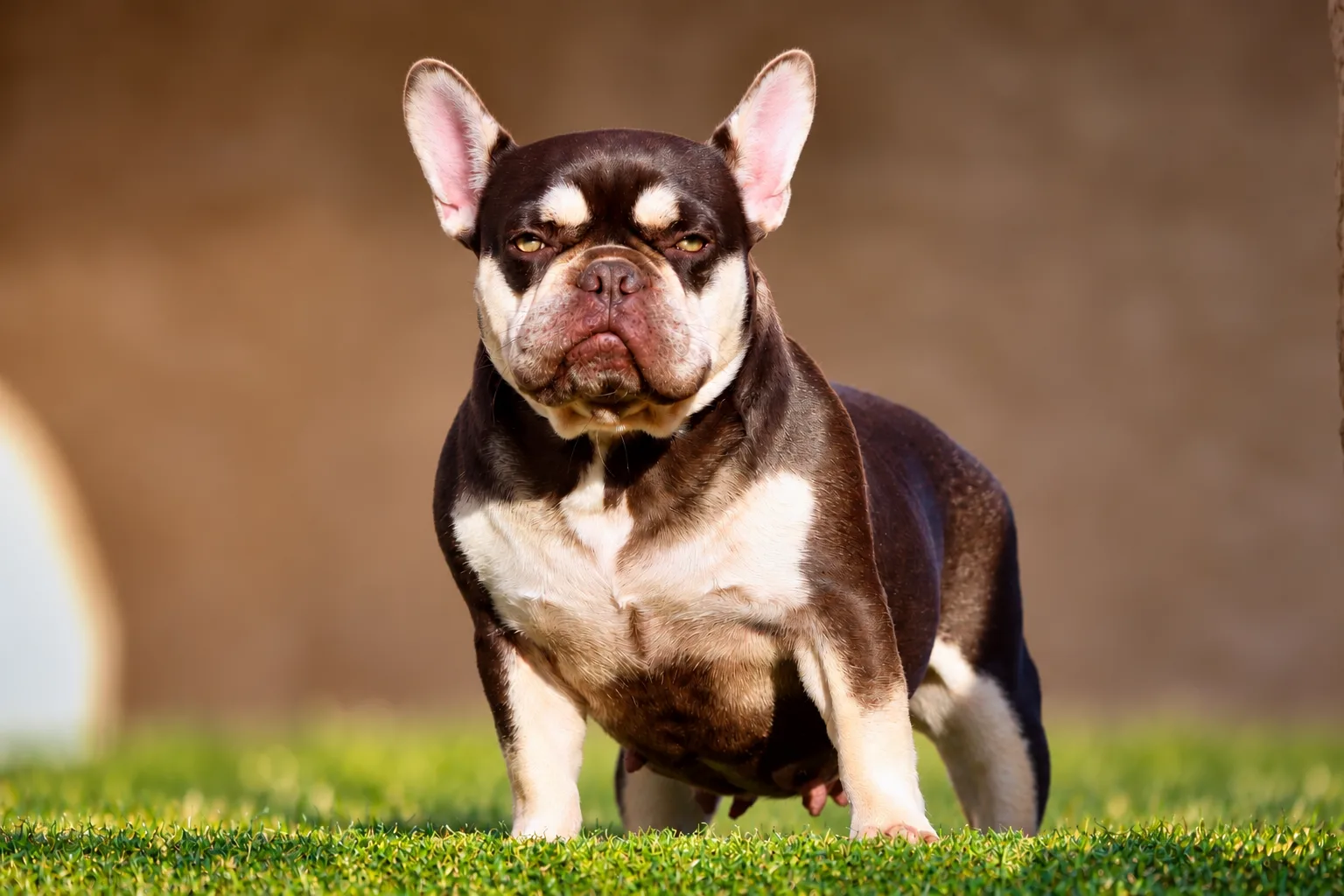 Bouledogue Français Exotique cocoa tan avec une morphologie compacte et une belle ossature harmonieuse.