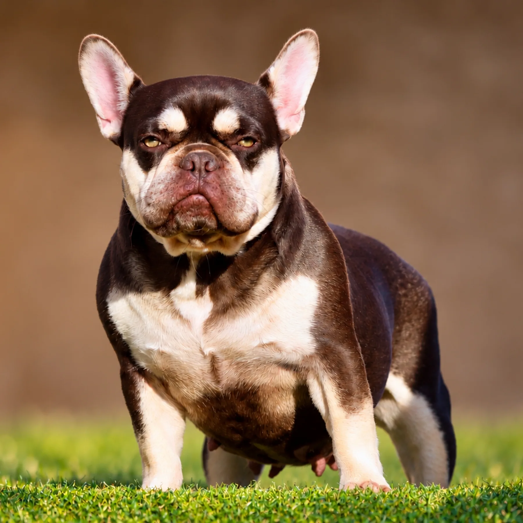 Bouledogue Français Exotique cocoa tan avec une morphologie compacte et une belle ossature harmonieuse.