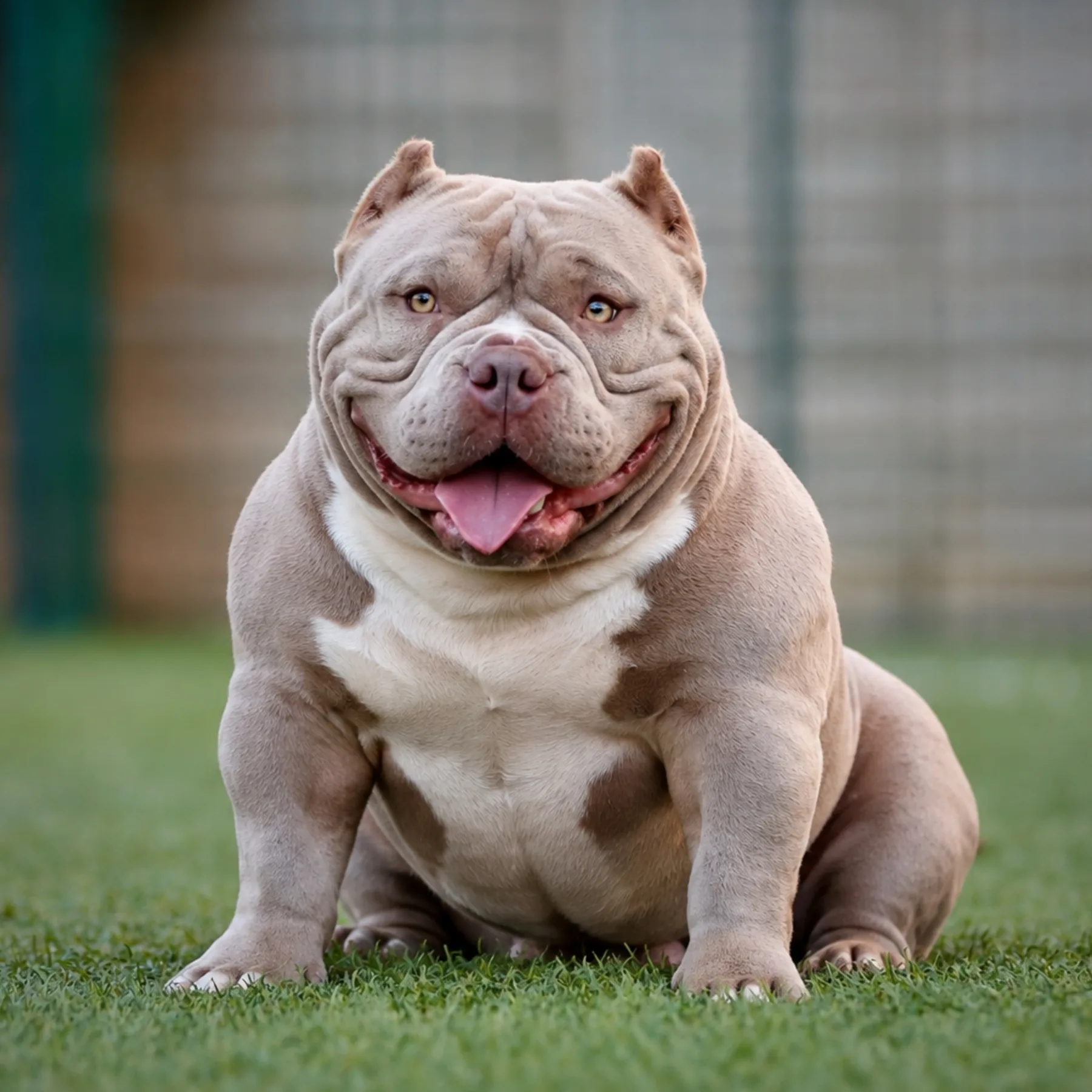 Magnifique femelle American Bully lilac porteuse de la couleur tri lilac avec une belle tête et une posture naturelle issue des meilleur lignée de champion en France.
