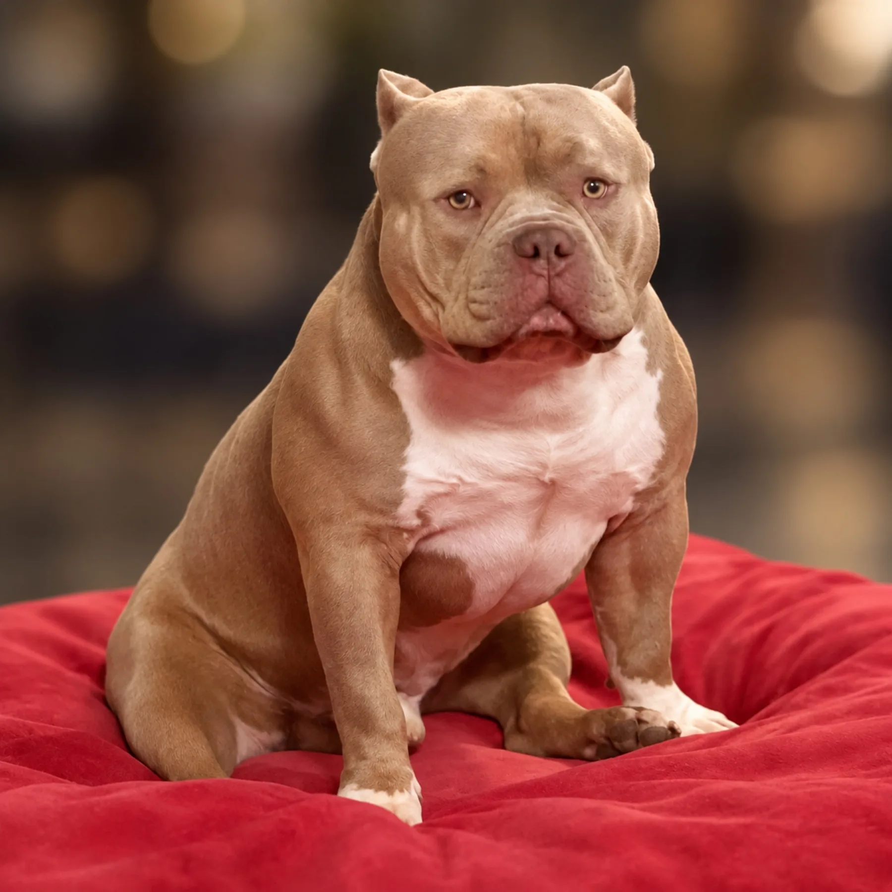 Mâle American Bully lilac avec une tête expressive et une belle allure naturelle.