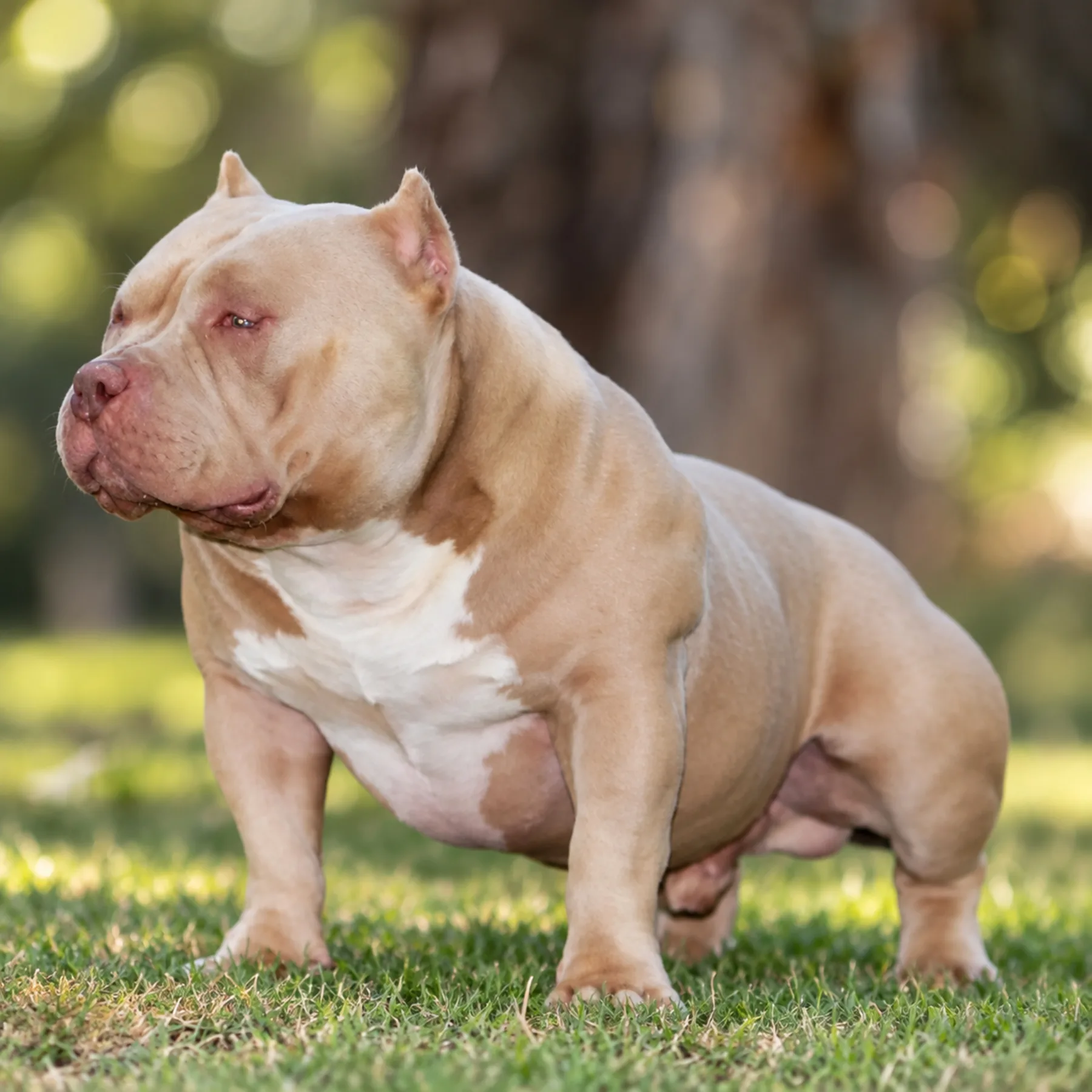 Magnifique American Bully Pocket couleur champagne compact assis dans le jardin en présentation petit fils du grand champion mondial Gran Dali