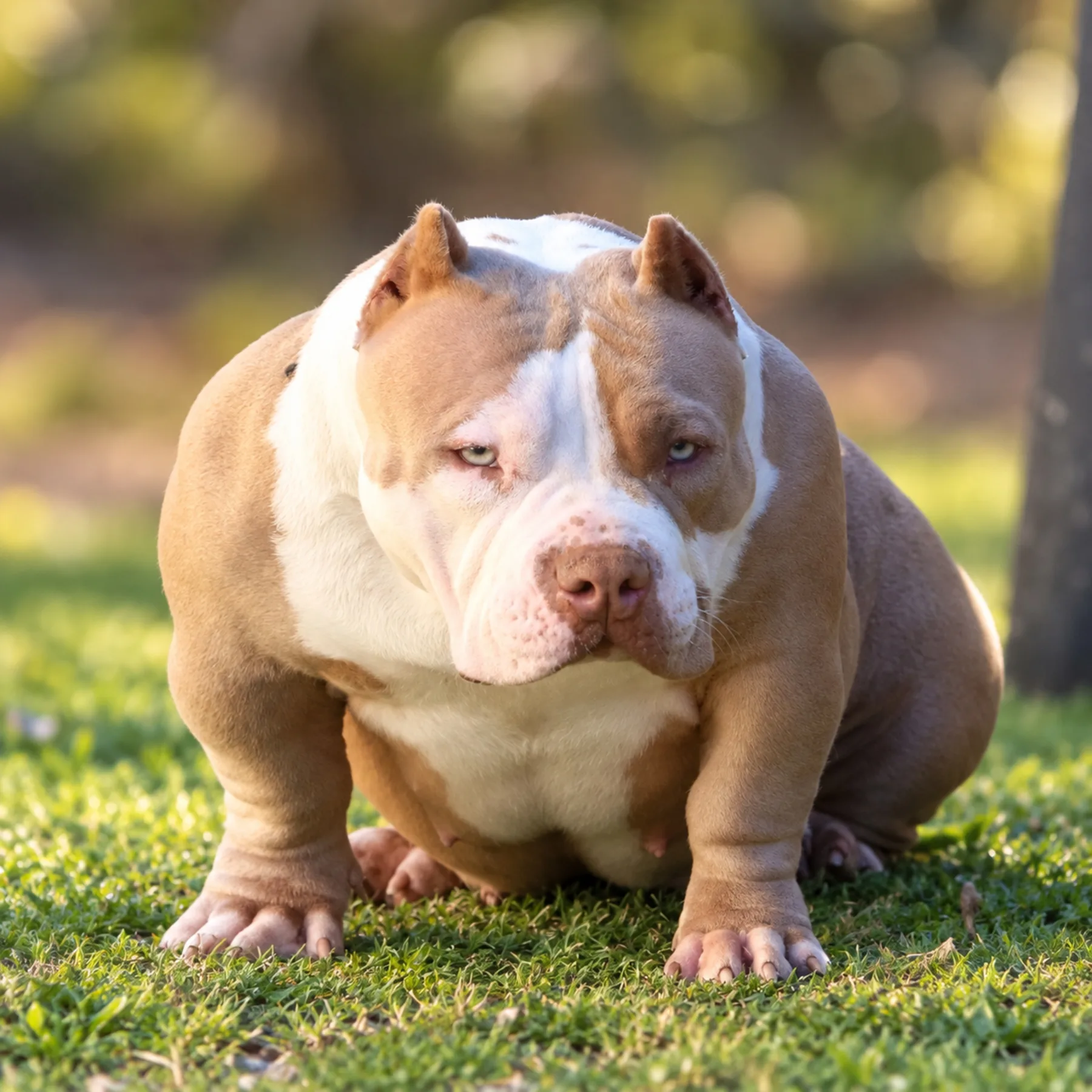 Magnifique femelle American Bully couleur champagne élégante avec une musculature bien développée typique de l’American Bully.