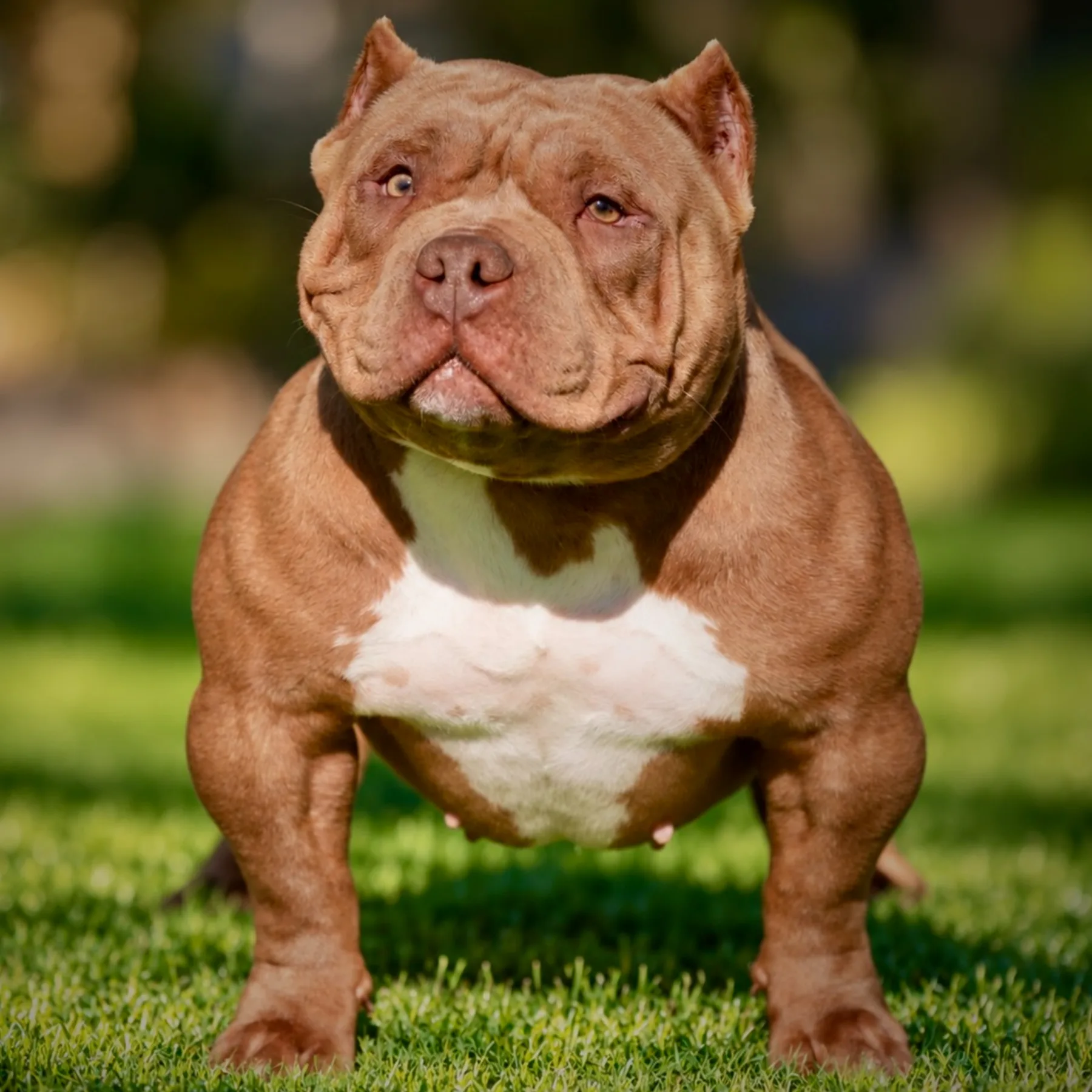 Superbe femelle American bully de couleur chocolat au type puissant et à la belle allure naturelle d’American Bully.