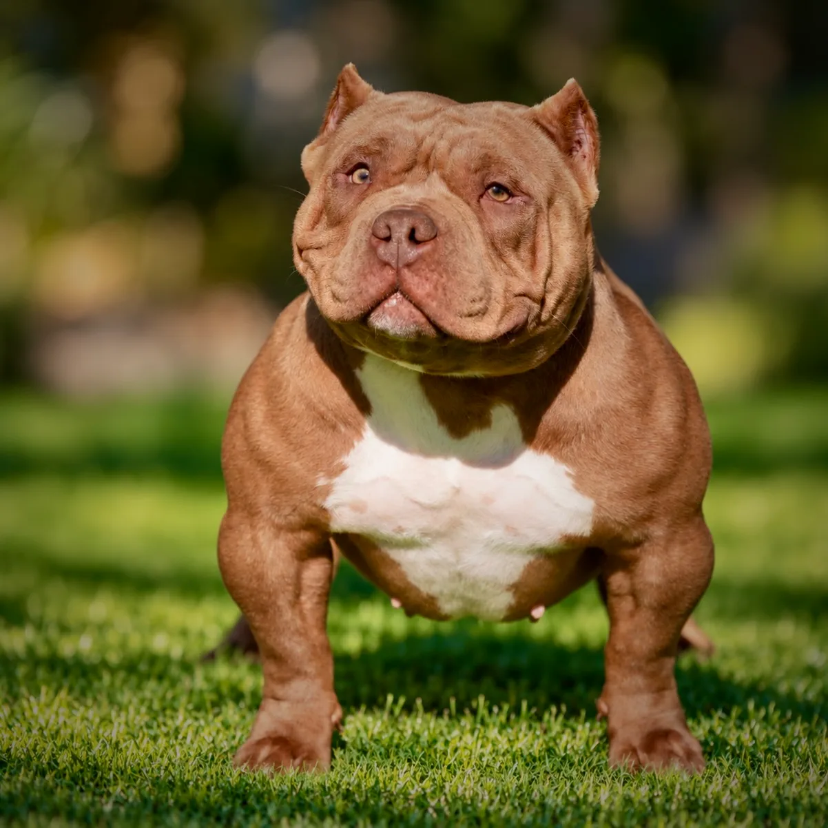 Superbe femelle American bully de couleur chocolat au type puissant et à la belle allure naturelle d’American Bully.